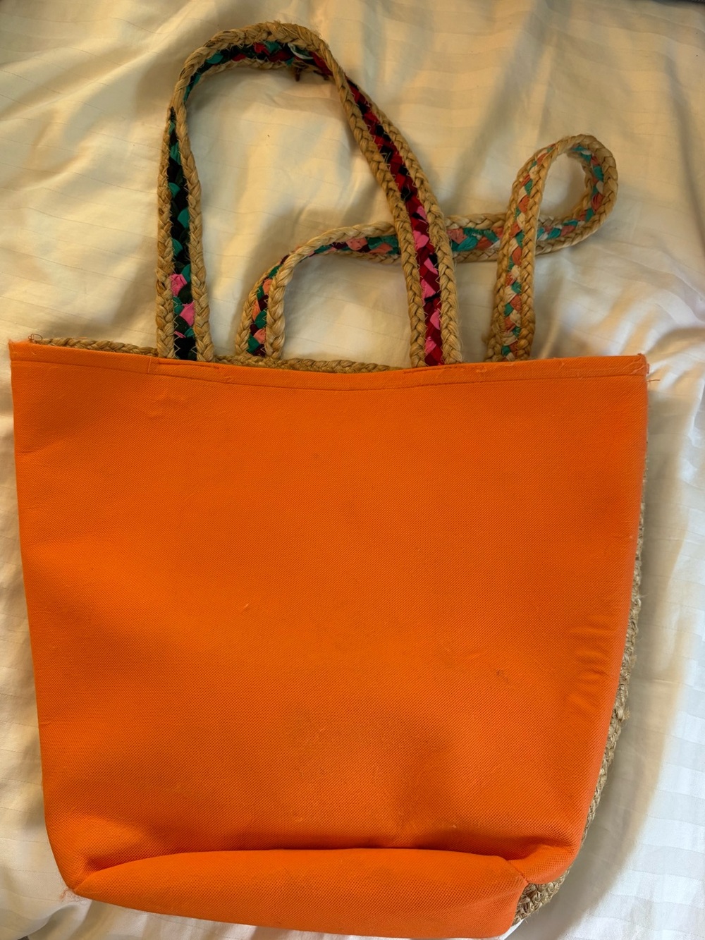 Woven Straw Tote Bag with Multicolor Braided Handles - Natural - Picture 2 of 3